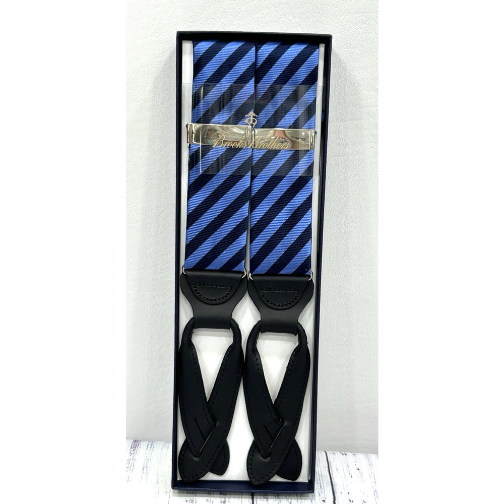 NIB Brooks Brothers Suspenders Braces Navy/Blue Stripe Adjustable Y Back Leather
